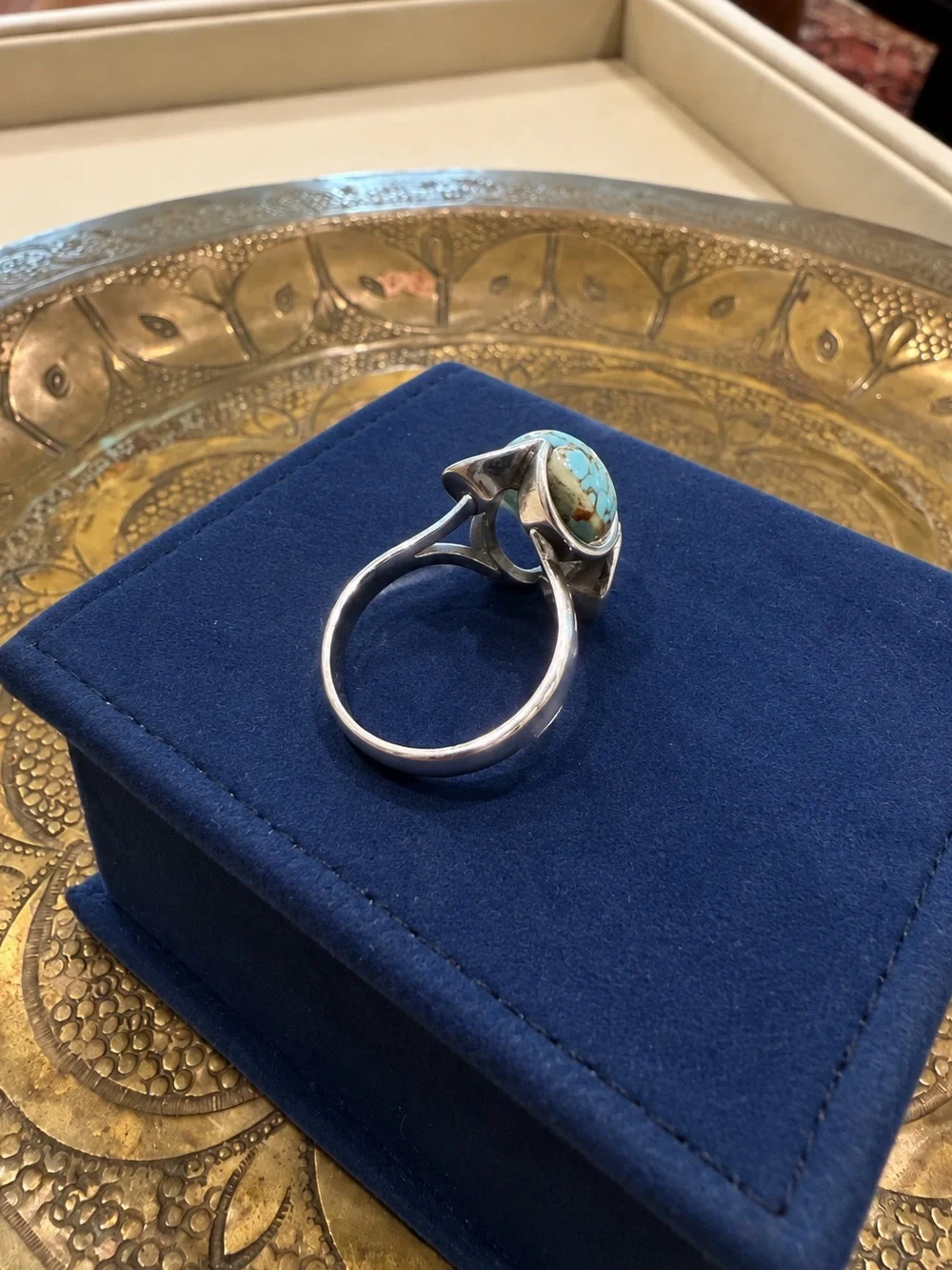 Vintage 925 Sterling Silver Turquoise Statement Ring Size 5.75 Oval Cabochon